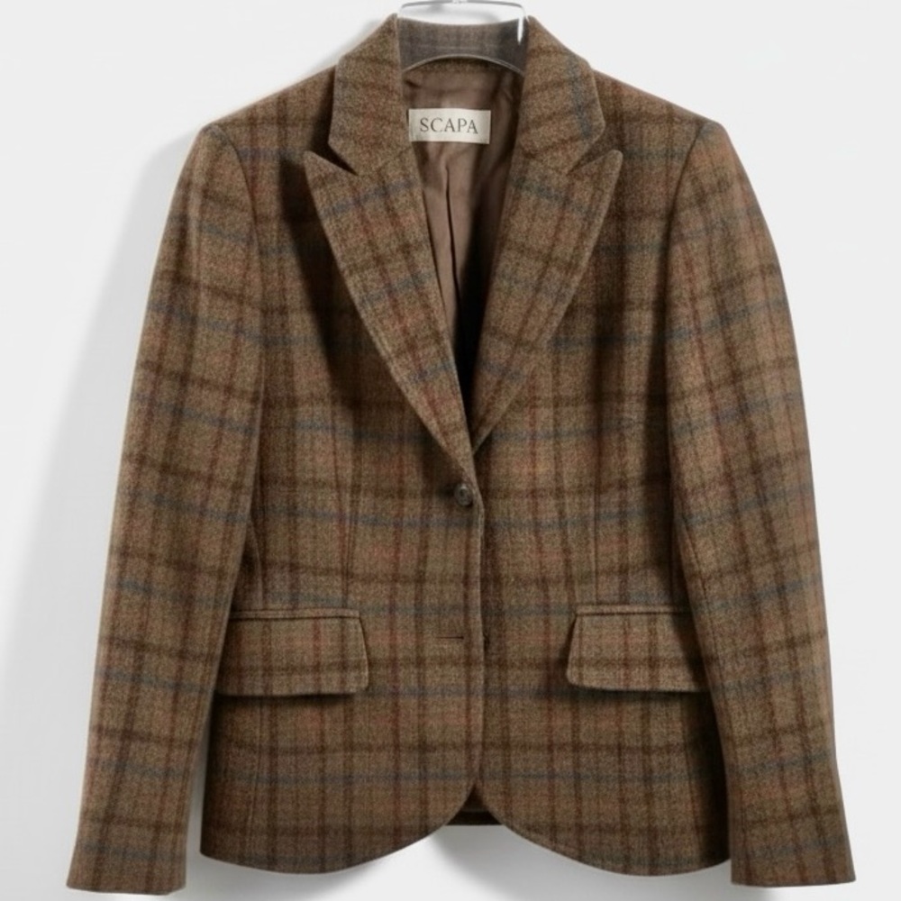 Scapa Women's 100% Wool Brown Tan Plaid Blazer Small